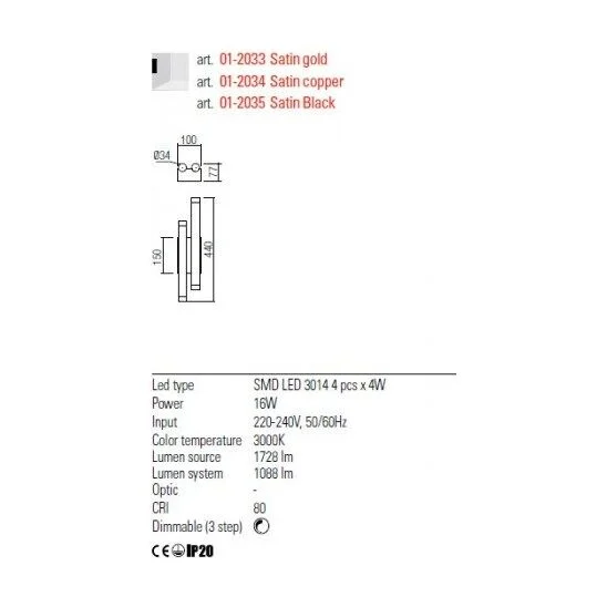 Aplica LED Madison cupru mat 16W 3000K 01-2034 Redo
