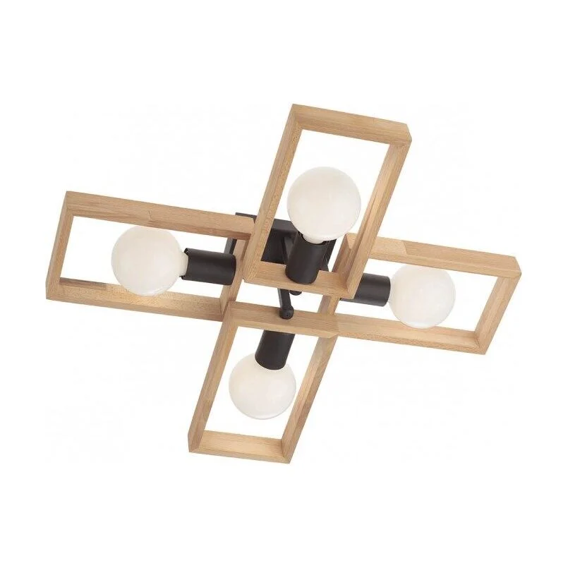 Plafoniera Timber 01-1969, 4 x E27, negru mat + lemn de fag natur