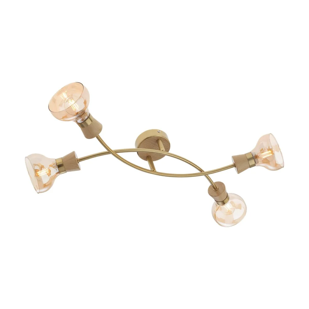 Plafoniera Bowie 04-478, 4 x E14, lemn natur + auriu + ambra